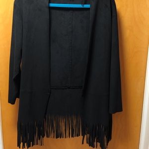 Suede open sweater w/ fringe
